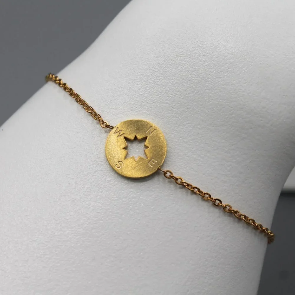 Jewelry bracelet compass travel adventure yellow gold tone dainty minimalist new - Picture 2 of 8